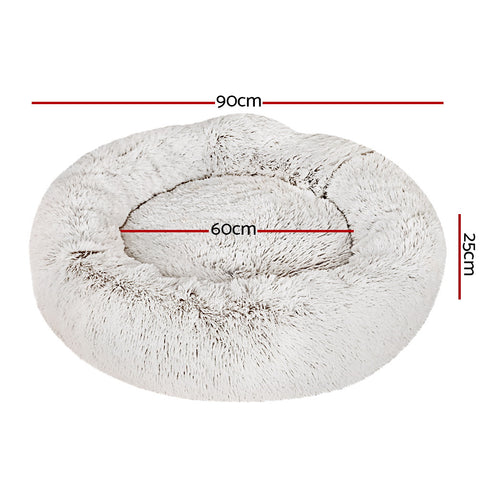 Pet Bed Dog Cat 90cm Large Calming Soft Plush White Brown