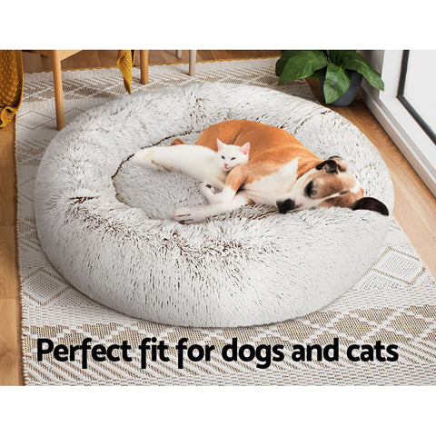 Pet Bed Dog Cat 90cm Large Calming Soft Plush White Brown