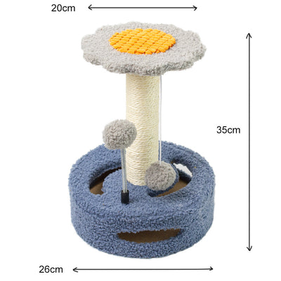 Blue & Grey Sunflower Cat Scratching Post - 35cm Sisal Cat Tree with Plush Toys for Small Cats