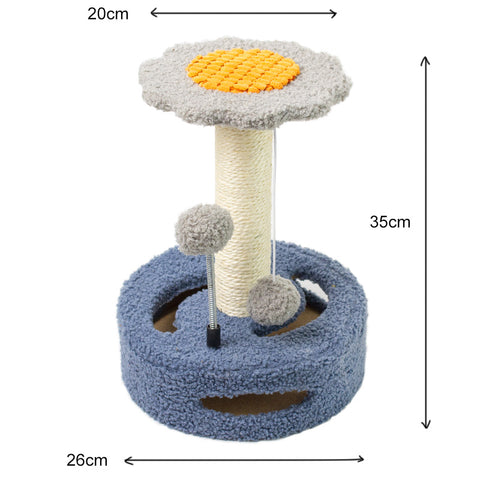 Blue & Grey Sunflower Cat Scratching Post - 35cm Sisal Cat Tree with Plush Toys for Small Cats