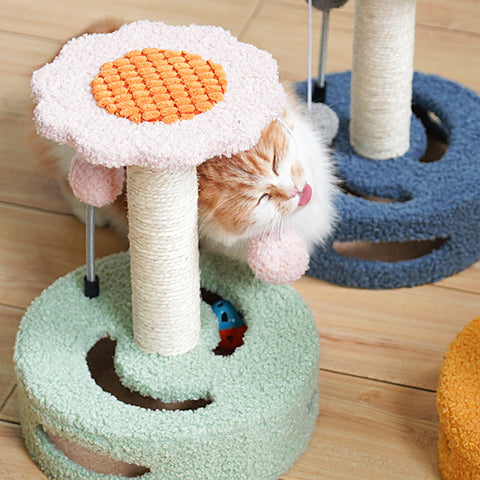 Blue & Grey Sunflower Cat Scratching Post - 35cm Sisal Cat Tree with Plush Toys for Small Cats