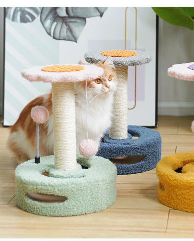 Blue & Grey Sunflower Cat Scratching Post - 35cm Sisal Cat Tree with Plush Toys for Small Cats
