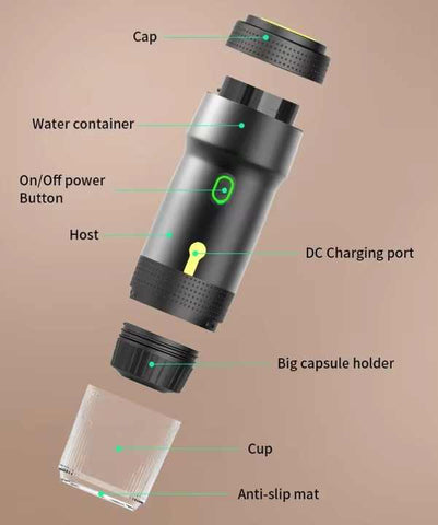 Silver 3-in-1 Portable Electric Espresso Maker - Rechargeable Travel Coffee Machine for Capsules & Ground Coffee