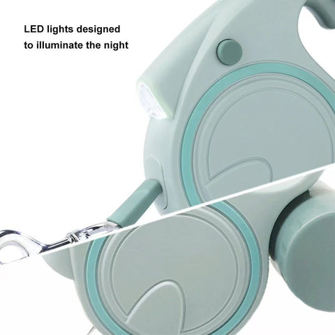Green 3M Retractable Dog Leash - Built - in LED Light (No Batteries) and Bag Holder