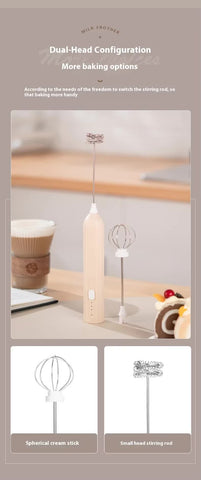 Black Mini Hand Mixer with Frother & Balloon Whisk Heads - Rechargeable Kitchen Tool