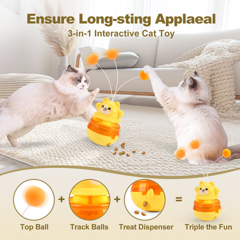 Yellow 3 - in - 1 Interactive Cat Toy - Tumbler, Treat Dispenser, Track & Teaser Ball