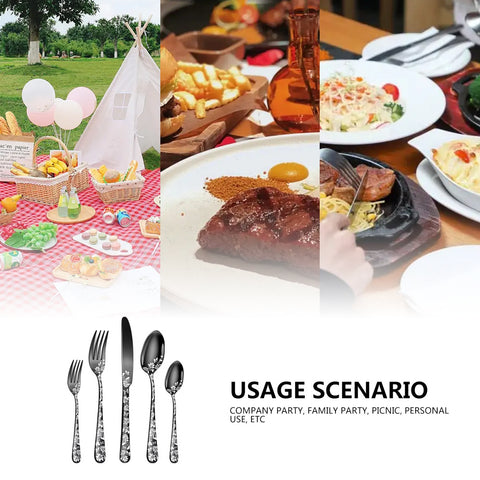 Gold Elegant 20-Piece Stainless Steel Cutlery Set with Floral Design - Dinner & Steak Knives, Forks, Spoons