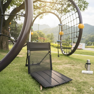 Portable Ground Chair with Back Support - Foldable Outdoor Floor Seat with Sturdy Iron Frame - Black Oxford Fabric for Picnics, Festivals & Camping