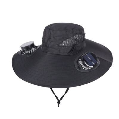 Black Dual Turbo Fan Sun Hat with Round Solar Panel & TypeC Interface - Waterproof 14cm Wide-Brim Cooling Hat for Outdoor Fishing Hiking Camping