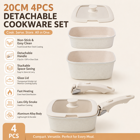 4 Piece Detachable Nonstick Aluminium Alloy Cookware Set (Dia 20CM) - Stackable Frying Pan and Saucepan with...
