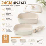4 Piece Detachable Nonstick Aluminium Alloy Cookware Set (Dia 24CM) - Stackable Frying Pan and Saucepan with...