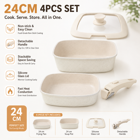 4 Piece Detachable Nonstick Aluminium Alloy Cookware Set (Dia 24CM) - Stackable Frying Pan and Saucepan with...