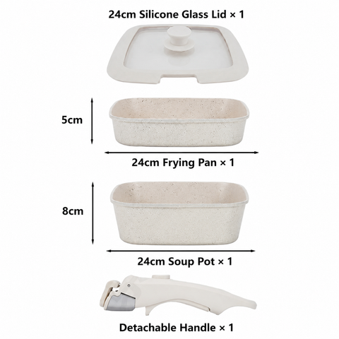 4 Piece Detachable Nonstick Aluminium Alloy Cookware Set (Dia 24CM) - Stackable Frying Pan and Saucepan with...
