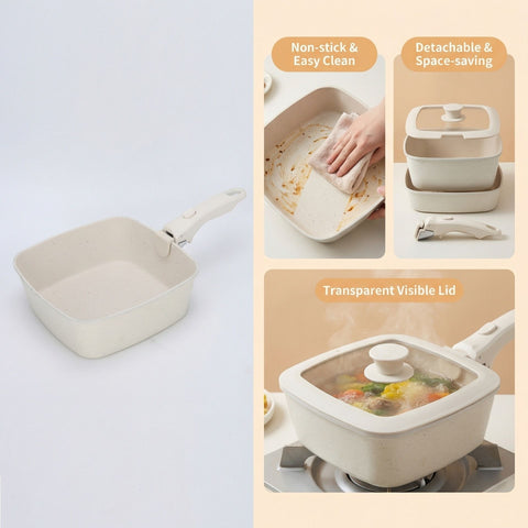 4 Piece Detachable Nonstick Aluminium Alloy Cookware Set (Dia 24CM) - Stackable Frying Pan and Saucepan with...