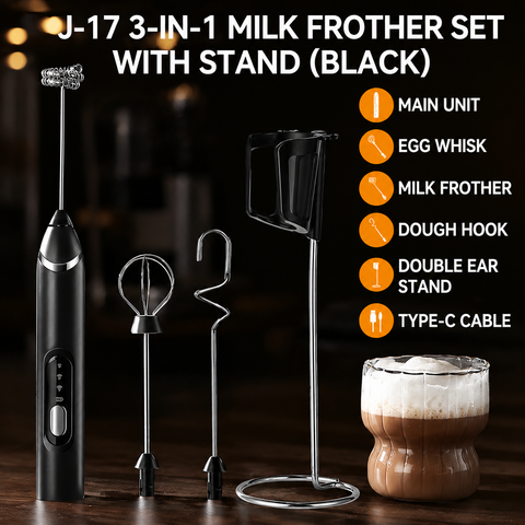 J-17 Black Wireless Handheld Electric Milk Frother / Egg Beater / Dough Mixer with 3 Stainless Steel Heads &...