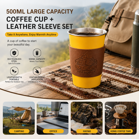 Yellow 304 Stainless Steel Camping Coffee Cup with Leather Sleeve – 500ml Portable Outdoor Drinking Cup, Beer Cup, Travel Mug for Camping, Hiking, Picnic and Daily Coffee
